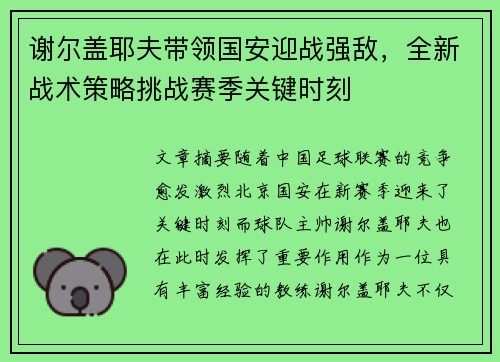 谢尔盖耶夫带领国安迎战强敌，全新战术策略挑战赛季关键时刻